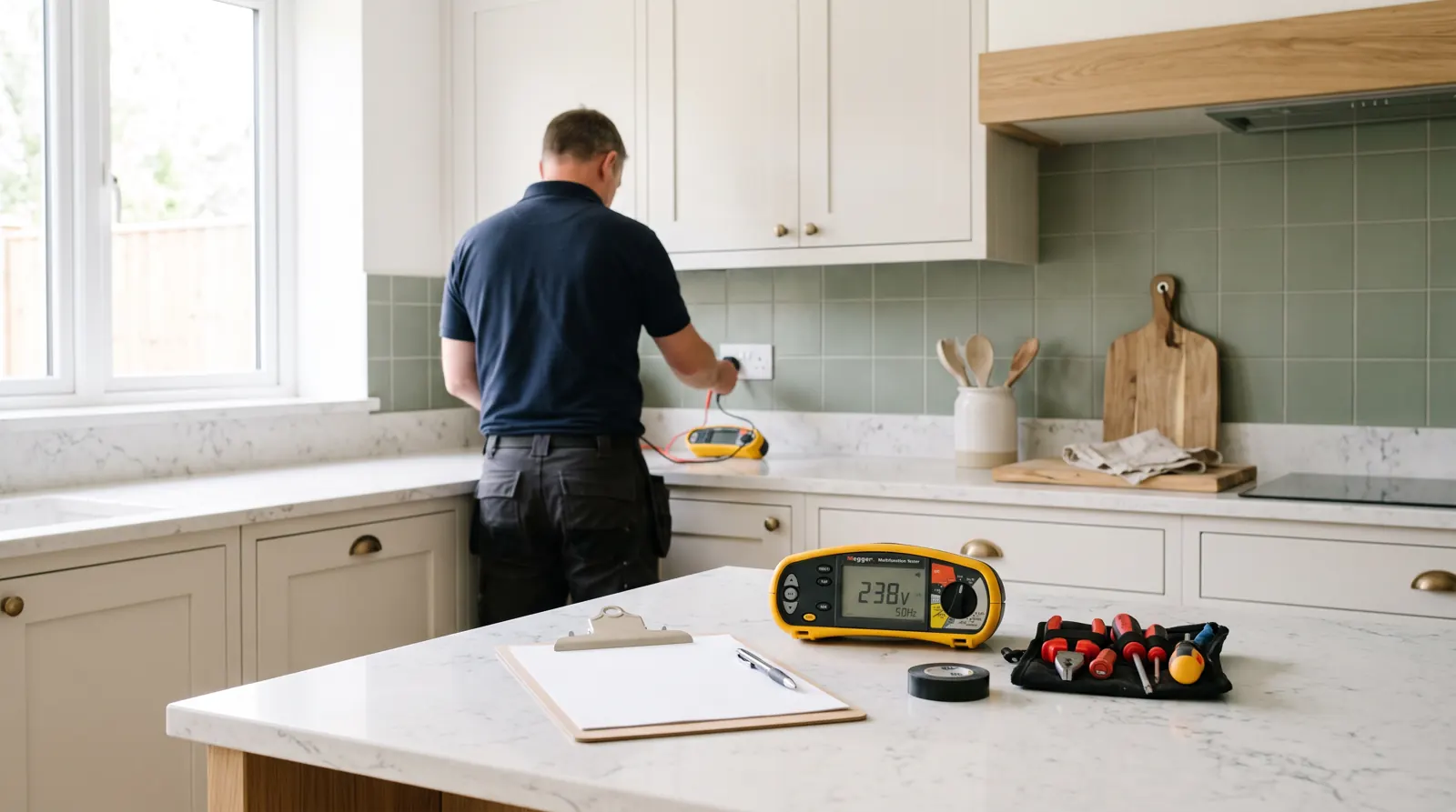 Electrician carrying out inspection and testing in a kitchen